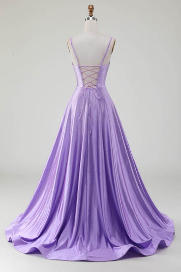 Semplice scintillante lilla A-Line fessura laterale Corsetto Prom Dresses con strass